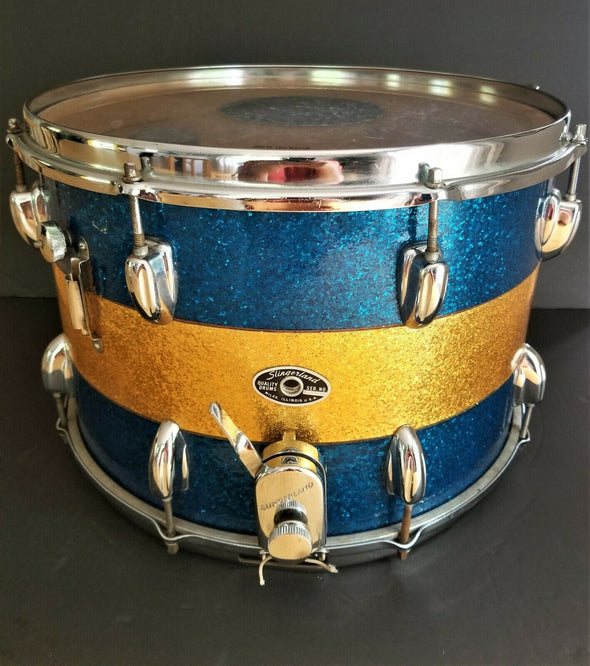 Slingerland 70's era Marching Snare 10"x 15" Blue and Gold Sparkle (video demo)